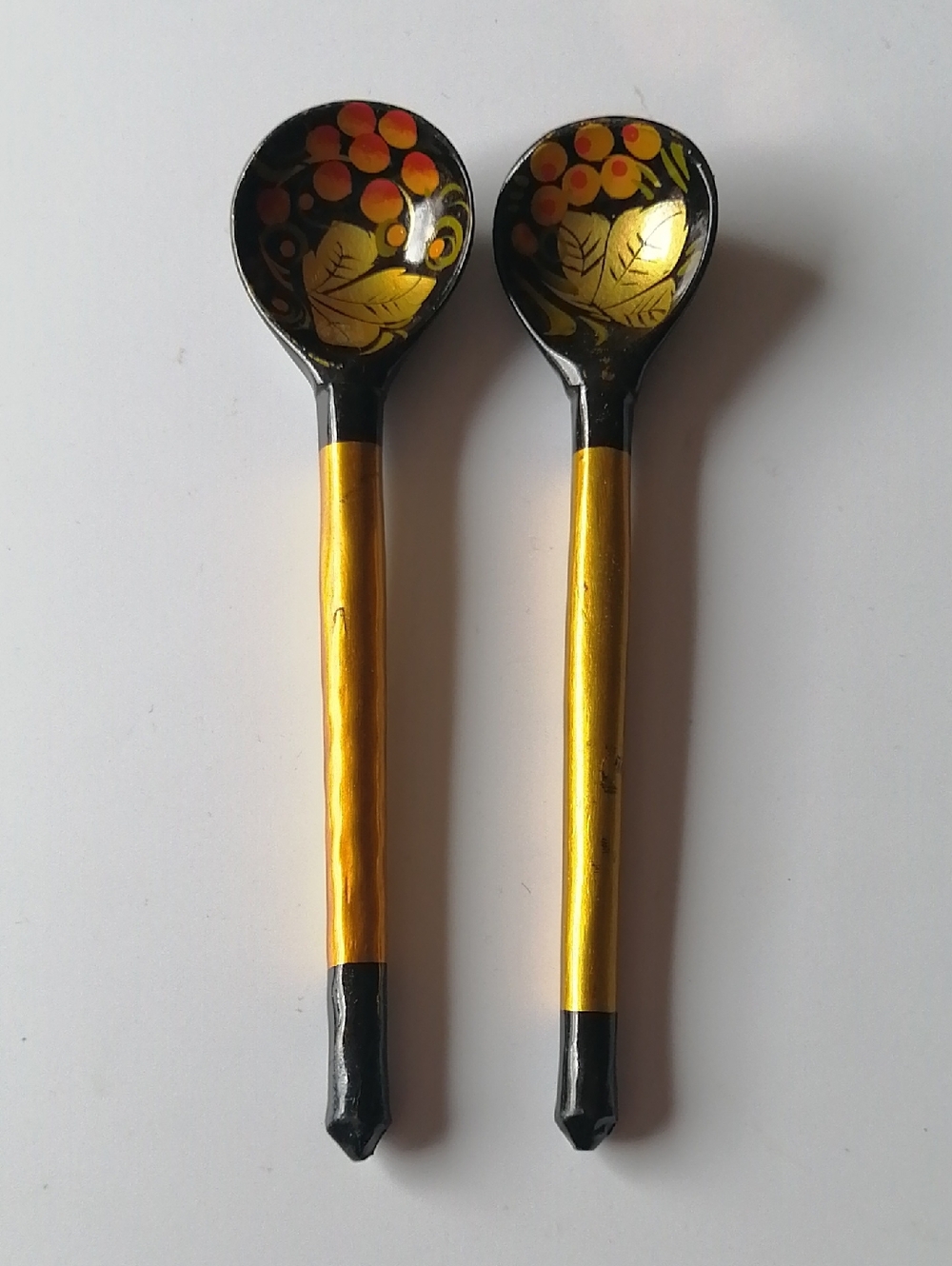USSR Khokhloma Hand-Painted Russian Floral Spoons in Black, Gold & Yellow (2)